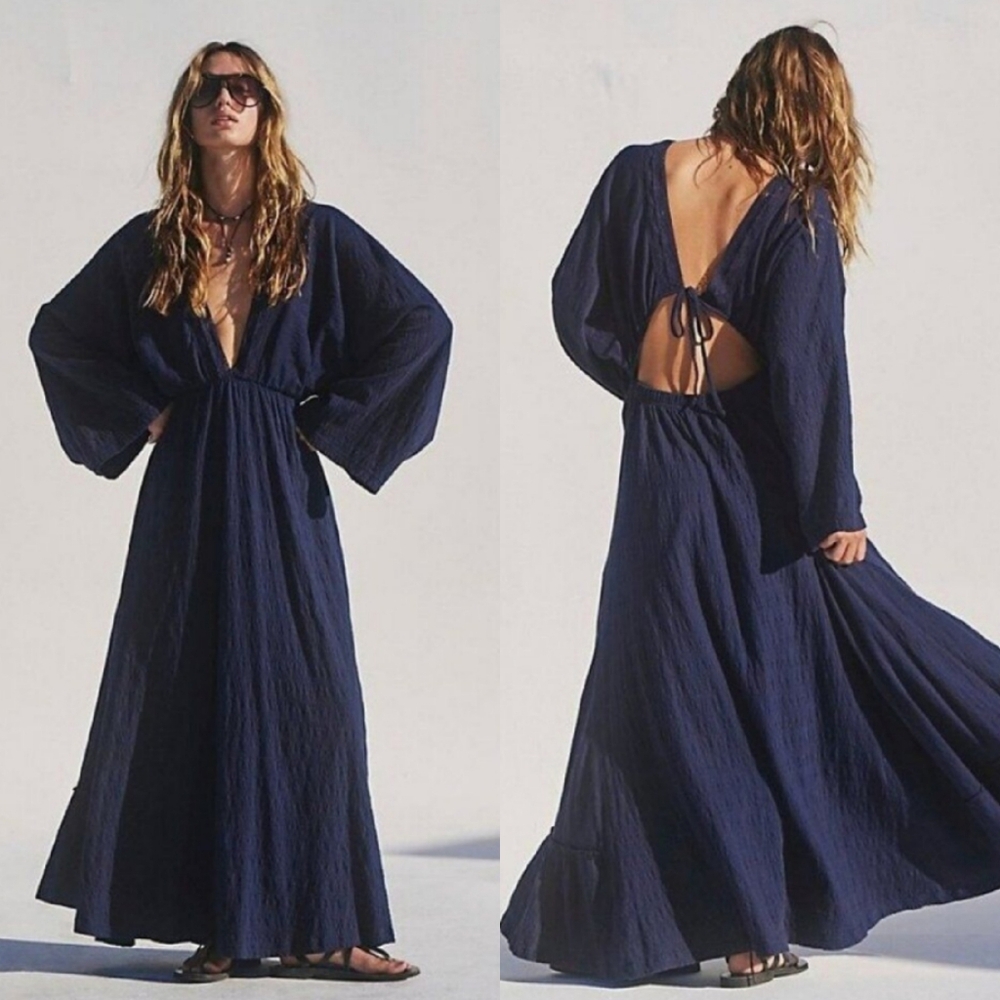 Navy Lace Trim Maxi Dress, Free People, Relaxed Fit, Medium